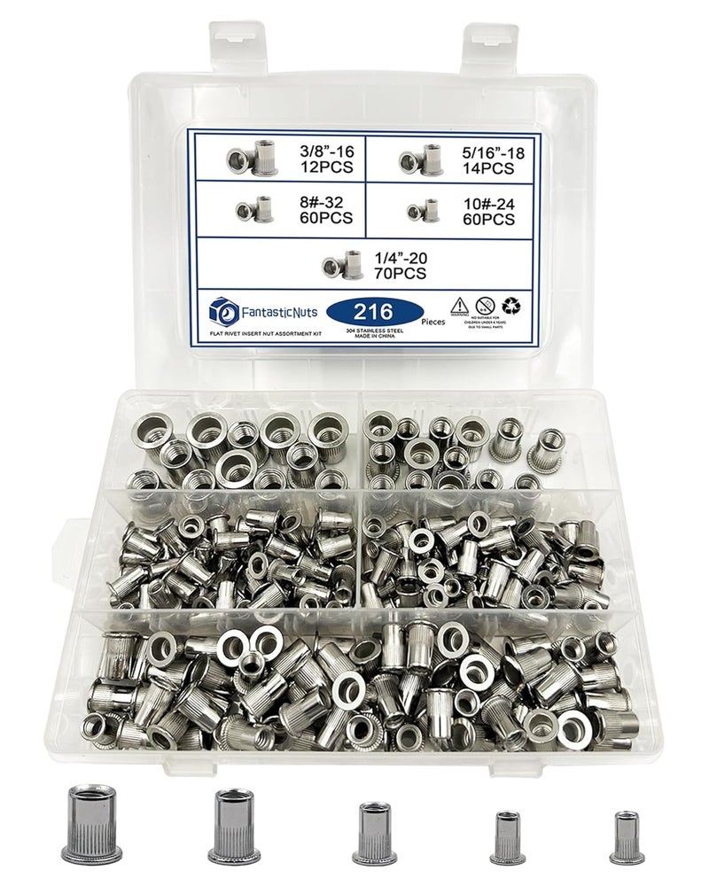 ELEFOCUS SAE Rivet Nut Kit 216cs 8-32 10-24 1/4-20 3/8-16 5/16-18 304 Stainless Steel Flat Head Threaded Rivet Insert Rivnut Kit - Image 1